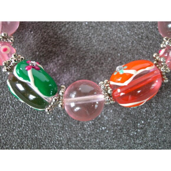 Colorful Beaded Stretch Bracelet  Floral Accents & Pink Beads Fits 6.5 Inches - Picture 2 of 3